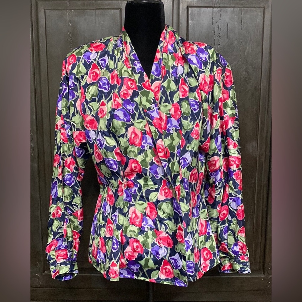 Vintage Erena Purple & pink rose blouse- size 10